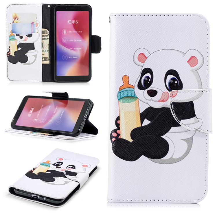 Pattern Printing Leather Protection Cover with Card Slots for Xiaomi Redmi 6 (Dual Camera: 12MP+5MP) - Panda Holding a Bottle-1