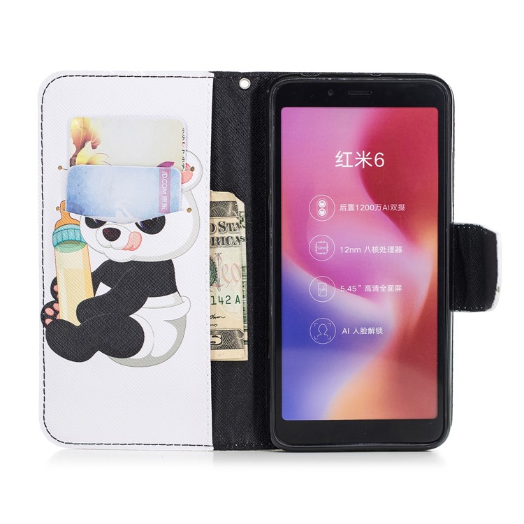 Pattern Printing Leather Protection Cover with Card Slots for Xiaomi Redmi 6 (Dual Camera: 12MP+5MP) - Panda Holding a Bottle-8