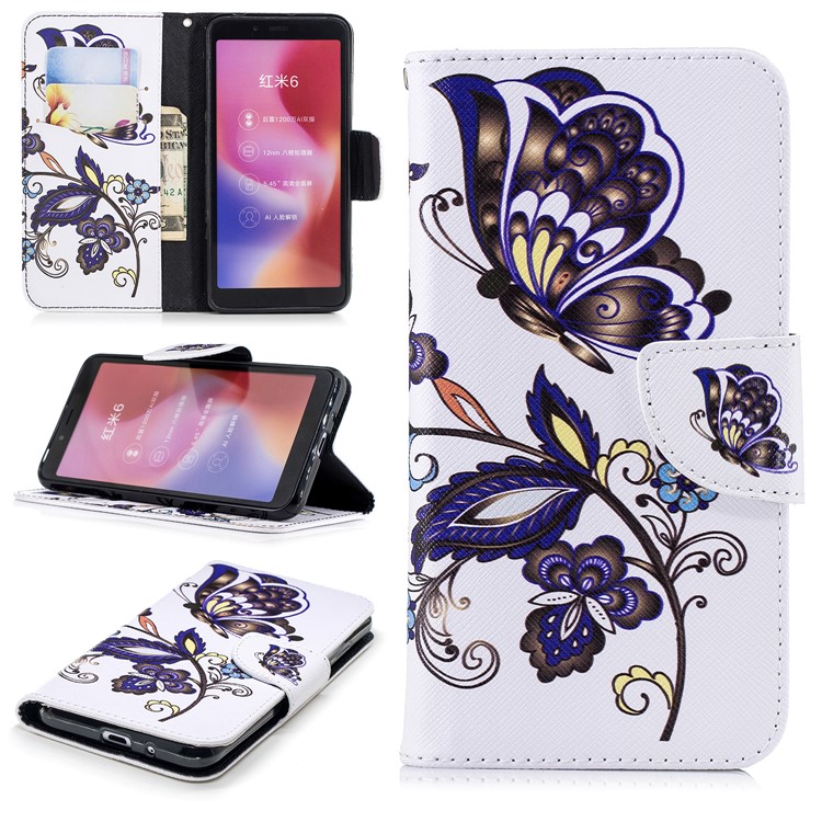 Pattern Printing Leather Protection Stand Shell with Card Slots for Xiaomi Redmi 6 (Dual Camera: 12MP+5MP) - Butterfly and Flower-1