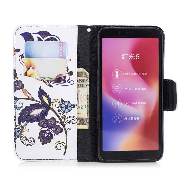Pattern Printing Leather Protection Stand Shell with Card Slots for Xiaomi Redmi 6 (Dual Camera: 12MP+5MP) - Butterfly and Flower-8