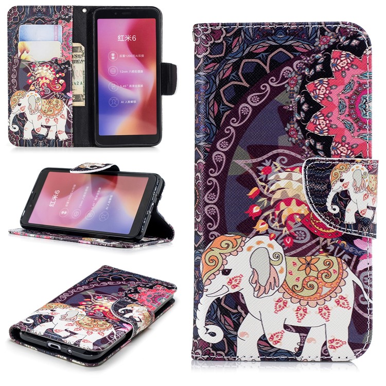 Pattern Printing Leather Cellphone Shell with Card Slots for Xiaomi Redmi 6 (Dual Camera: 12MP+5MP) - Elephant and Peacock-1
