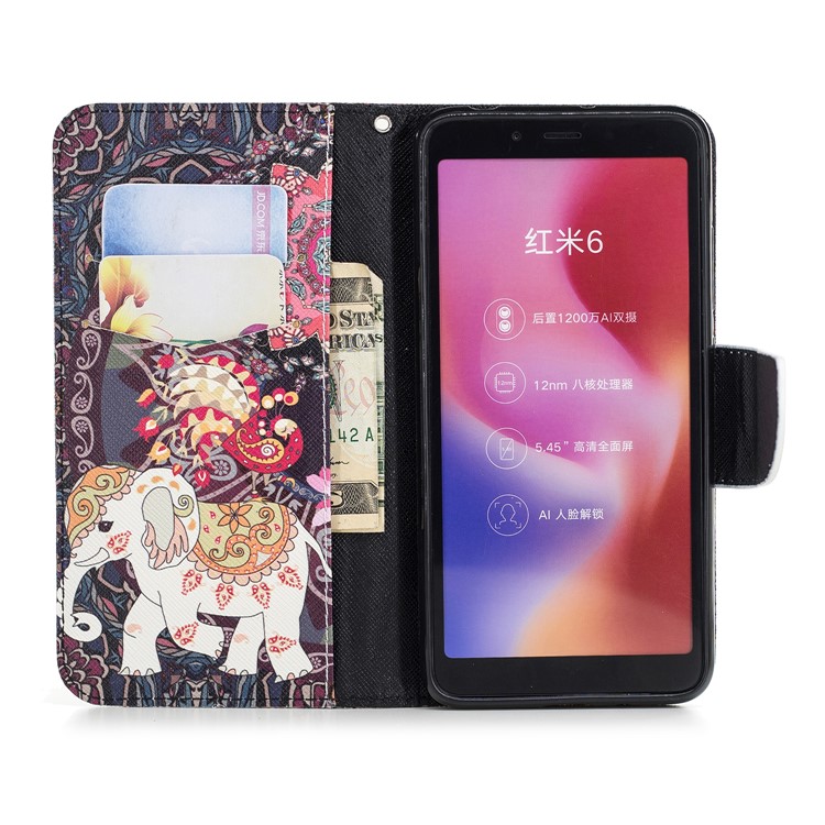 Pattern Printing Leather Cellphone Shell with Card Slots for Xiaomi Redmi 6 (Dual Camera: 12MP+5MP) - Elephant and Peacock-8