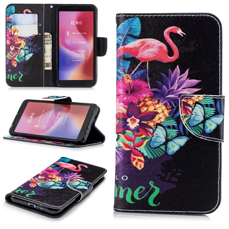 Pattern Printing Leather Folio Protection Stand Shell with Card Slots for Xiaomi Redmi 6 (Dual Camera: 12MP+5MP) - Flamingo and Pineapple-1