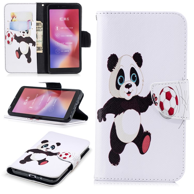 Pattern Printing Leather Case Accessory with Card Slots for Xiaomi Redmi 6 (Dual Camera: 12MP+5MP) - Panda Playing Football-1
