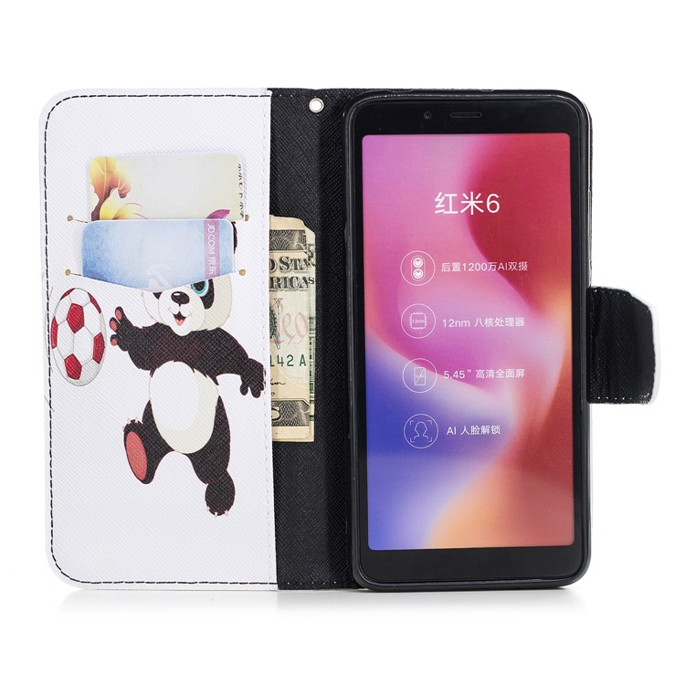 Pattern Printing Leather Case Accessory with Card Slots for Xiaomi Redmi 6 (Dual Camera: 12MP+5MP) - Panda Playing Football-8