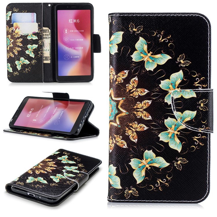 Pattern Printing Leather Phone Magnetic Case with Card Slots for Xiaomi Redmi 6 (Dual Camera: 12MP+5MP) - Colorized Butterflies-1