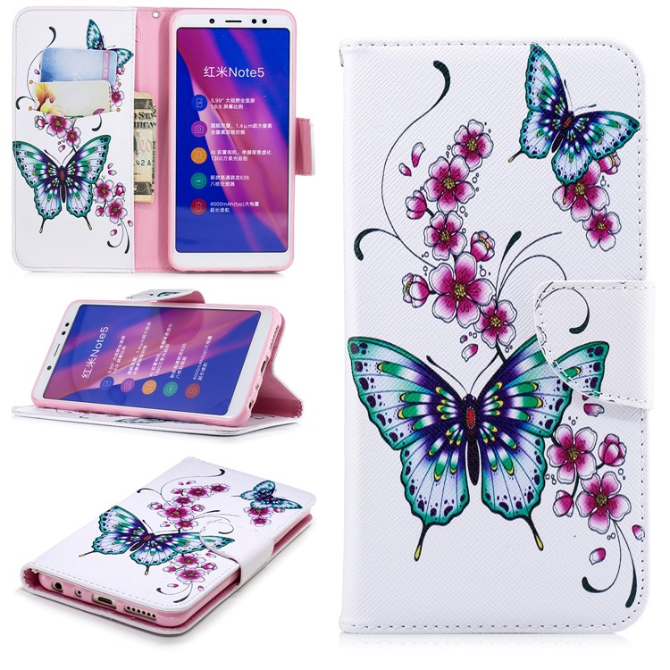 Pattern Printing PU Leather Wallet Case for Xiaomi Redmi Note 5 Pro (Dual Camera) / Redmi Note 5 (China) - Butterfly and Flower-1