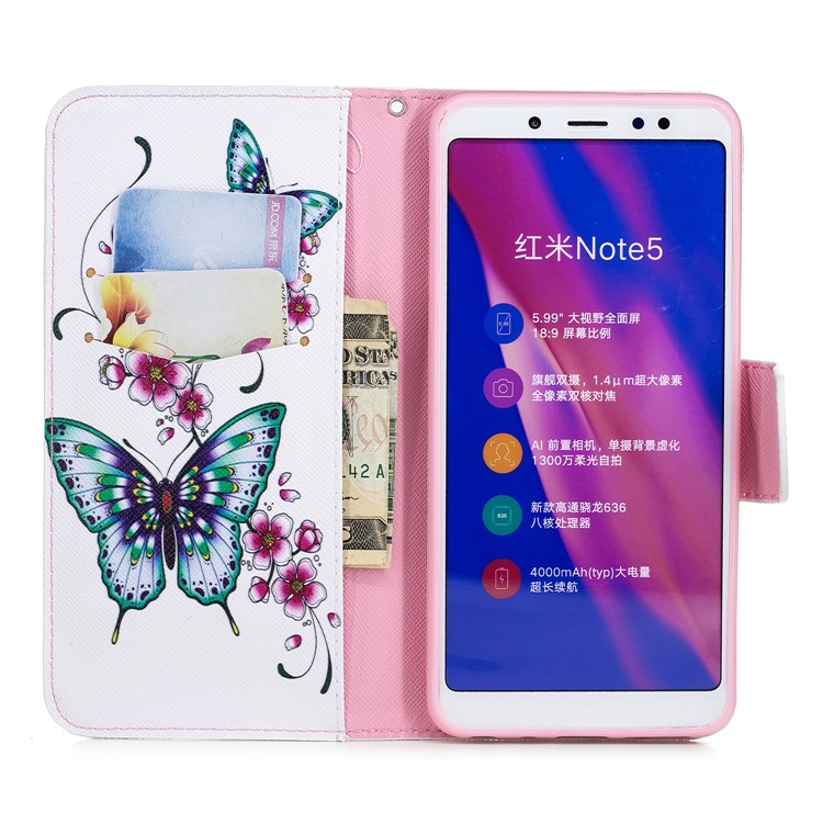 Pattern Printing PU Leather Wallet Case for Xiaomi Redmi Note 5 Pro (Dual Camera) / Redmi Note 5 (China) - Butterfly and Flower-8