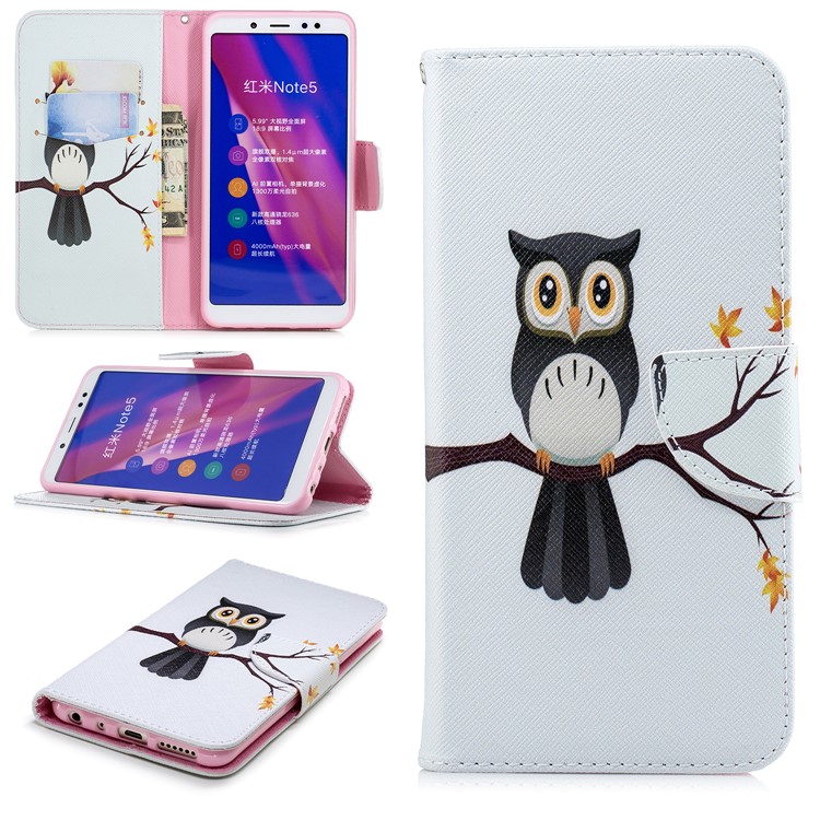 Pattern Printing Phone Leather Wallet Case for Xiaomi Redmi Note 5 Pro (Dual Camera) / Redmi Note 5 (China) - Owl on the Branch-1