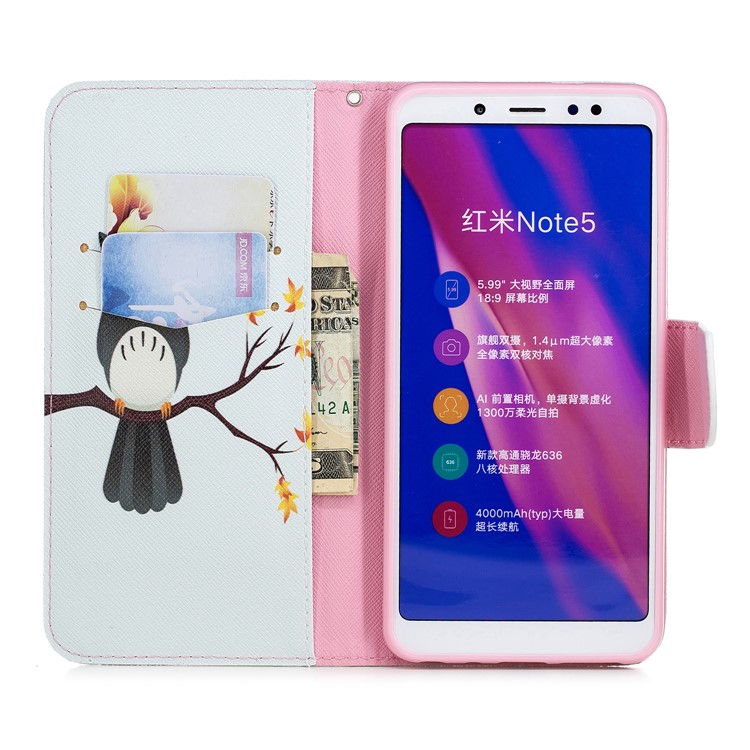 Pattern Printing Phone Leather Wallet Case for Xiaomi Redmi Note 5 Pro (Dual Camera) / Redmi Note 5 (China) - Owl on the Branch-8