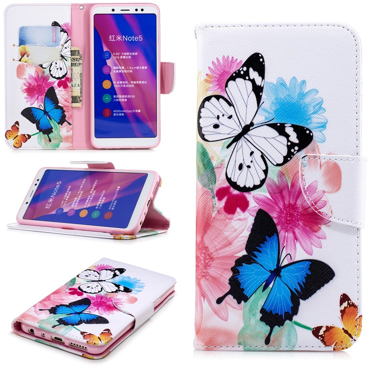 Pattern Printing Wallet Leather Stand Case for Xiaomi Redmi Note 5 Pro (Dual Camera) / Redmi Note 5 (China) - Vivid Butterflies-1