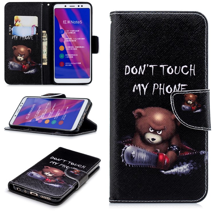 Pattern Printing Wallet Leather Stand Cover for Xiaomi Redmi Note 5 Pro (Dual Camera) / Redmi Note 5 (China) - Brown Bear and Warning Words-1