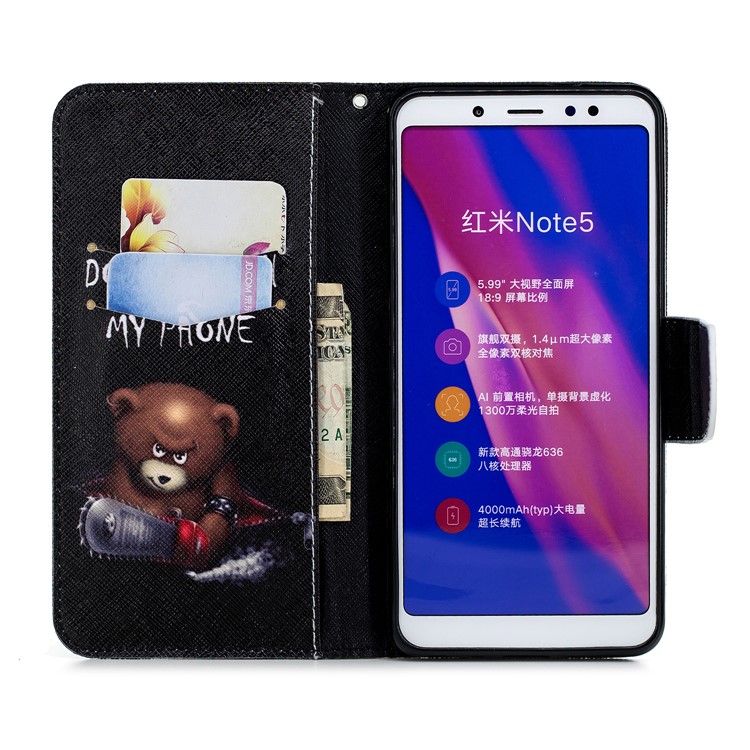 Pattern Printing Wallet Leather Stand Cover for Xiaomi Redmi Note 5 Pro (Dual Camera) / Redmi Note 5 (China) - Brown Bear and Warning Words-8