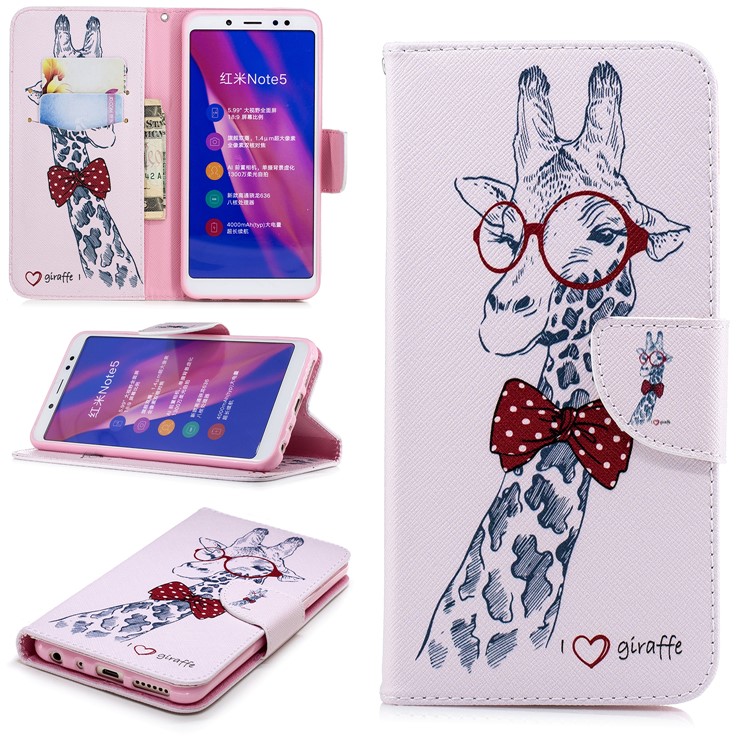 Pattern Printing Wallet Leather Phone Case for Xiaomi Redmi Note 5 Pro (Dual Camera) / Redmi Note 5 (China) - Adorable Giraffe Wearing Glasses-1