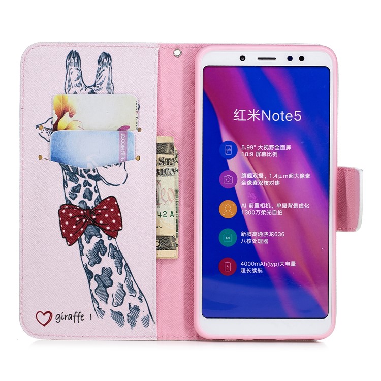 Pattern Printing Wallet Leather Phone Case for Xiaomi Redmi Note 5 Pro (Dual Camera) / Redmi Note 5 (China) - Adorable Giraffe Wearing Glasses-10