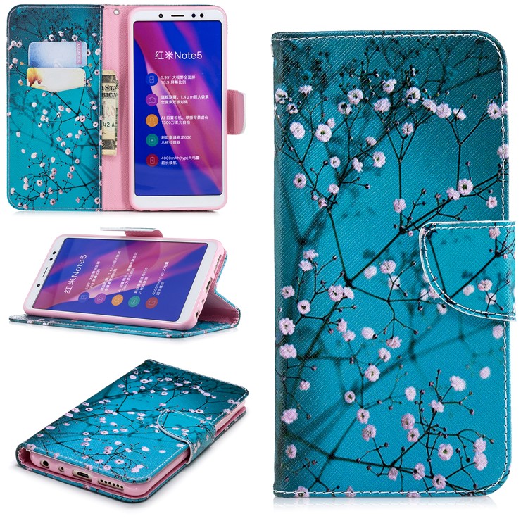 Pattern Printing Magnetic Leather Stand Case for Xiaomi Redmi Note 5 Pro (Dual Camera) / Redmi Note 5 (China) - Tree with Flowers-1