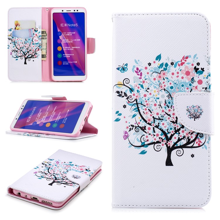 Pattern Printing Leather Wallet Cover for Xiaomi Redmi Note 5 Pro (Dual Camera) / Redmi Note 5 (China) - Flowered Tree-1