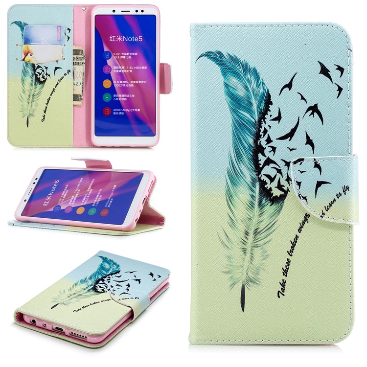 Pattern Printing PU Leather Wallet Case for Xiaomi Redmi Note 5 Pro (Dual Camera) / Redmi Note 5 (China) - Feather Pattern-1