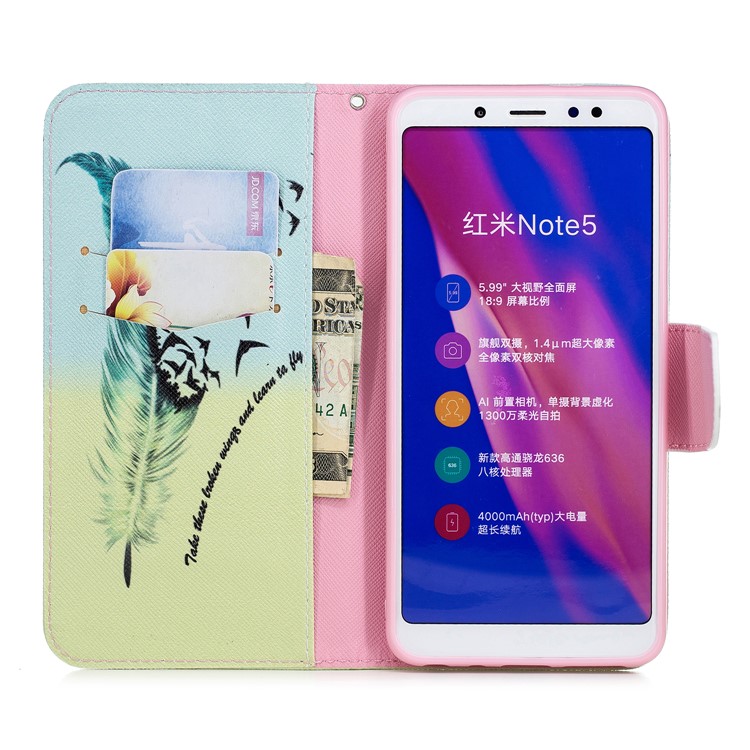 Pattern Printing PU Leather Wallet Case for Xiaomi Redmi Note 5 Pro (Dual Camera) / Redmi Note 5 (China) - Feather Pattern-10