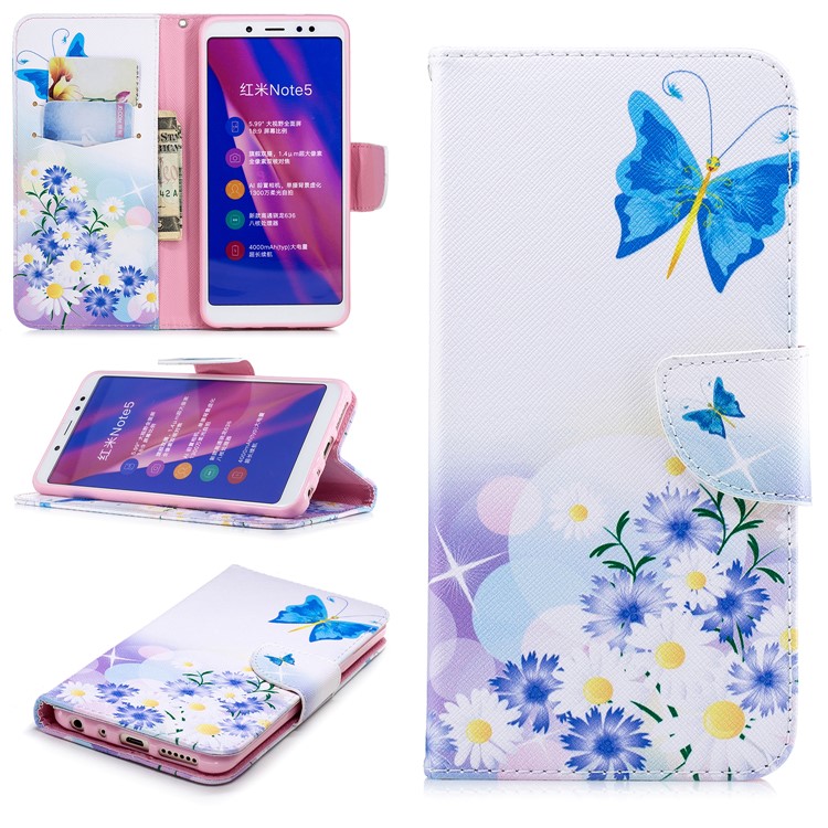 Pattern Printing Leather Stand Case with Card Slots for Xiaomi Redmi Note 5 Pro (Dual Camera) / Redmi Note 5 (China) - Blue Butterfly and Flowers-1