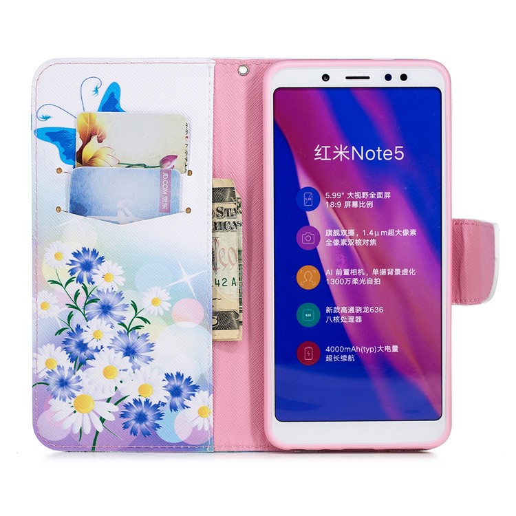 Pattern Printing Leather Stand Case with Card Slots for Xiaomi Redmi Note 5 Pro (Dual Camera) / Redmi Note 5 (China) - Blue Butterfly and Flowers-10