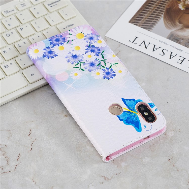 Pattern Printing Leather Stand Case with Card Slots for Xiaomi Redmi Note 5 Pro (Dual Camera) / Redmi Note 5 (China) - Blue Butterfly and Flowers-3