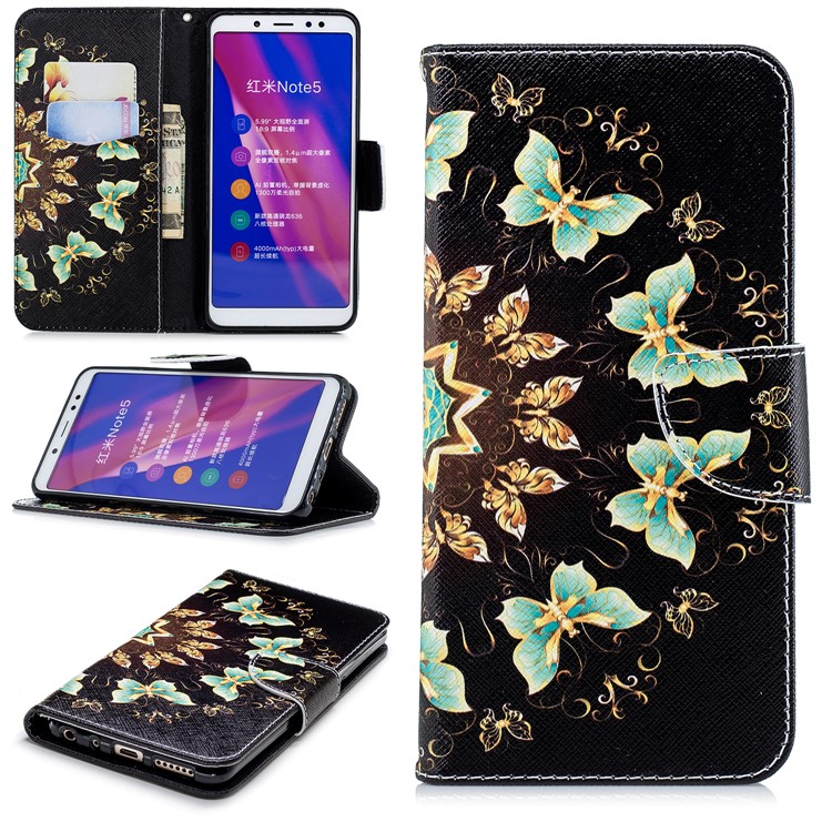 Patterned Wallet Stand Leather Case for Xiaomi Redmi Note 5 Pro (Dual Camera) / Redmi Note 5 (China) - Colorized Butterflies-1