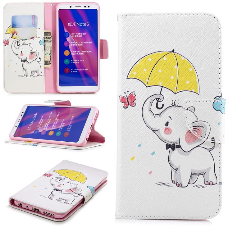 Patterned Wallet Stand Leather Casing for Xiaomi Redmi Note 5 Pro (Dual Camera) / Redmi Note 5 (China) - Elephant Holding an Umbrella-1