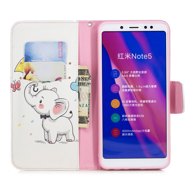 Patterned Wallet Stand Leather Casing for Xiaomi Redmi Note 5 Pro (Dual Camera) / Redmi Note 5 (China) - Elephant Holding an Umbrella-10