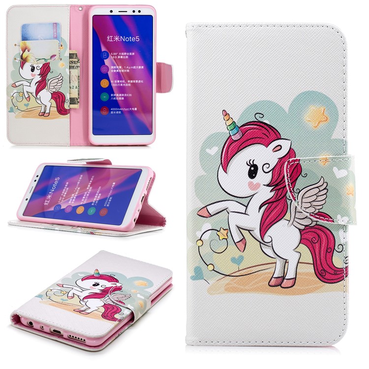Patterned Wallet Stand Leather Flip Casing for Xiaomi Redmi Note 5 Pro (Dual Camera) / Redmi Note 5 (China) - Unicorn-1