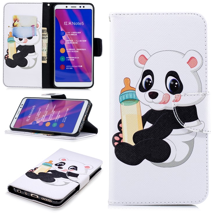 Patterned Wallet Stand Leather Protective Case for Xiaomi Redmi Note 5 Pro (Dual Camera) / Redmi Note 5 (China) - Panda Holding a Bottle-1