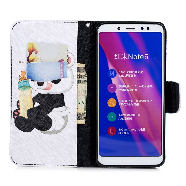 Patterned Wallet Stand Leather Protective Case for Xiaomi Redmi Note 5 Pro (Dual Camera) / Redmi Note 5 (China) - Panda Holding a Bottle-10