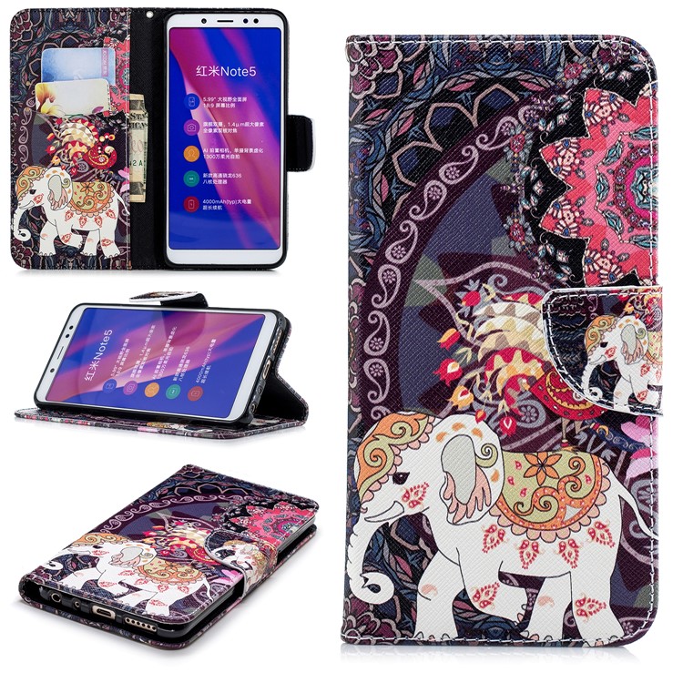 Patterned Wallet Stand Leather Protective Cover for Xiaomi Redmi Note 5 Pro (Dual Camera) / Redmi Note 5 (China) - Elephant and Peacock-1