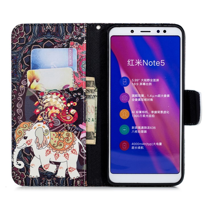 Patterned Wallet Stand Leather Protective Cover for Xiaomi Redmi Note 5 Pro (Dual Camera) / Redmi Note 5 (China) - Elephant and Peacock-10