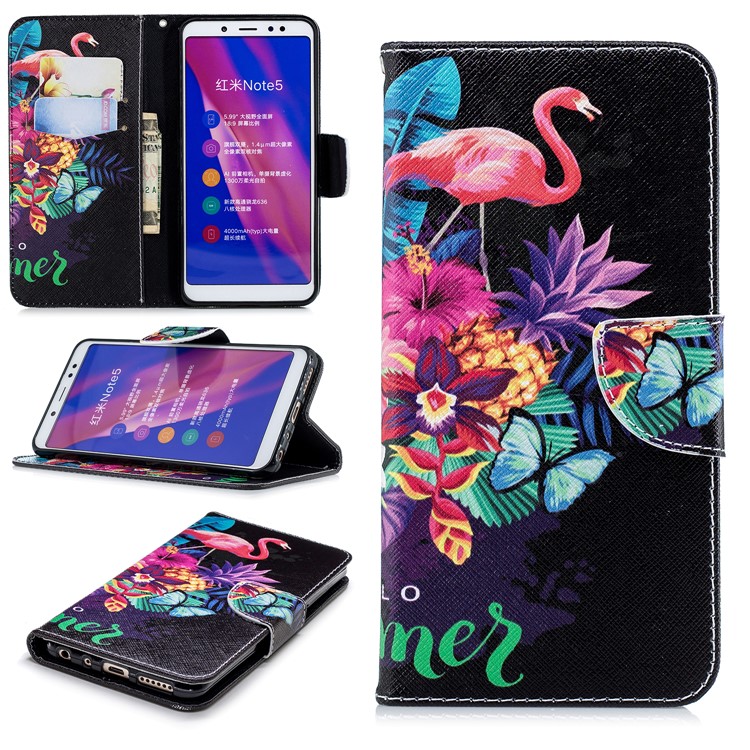 Patterned Wallet Magnetic Leather Protective Shell for Xiaomi Redmi Note 5 Pro (Dual Camera) / Redmi Note 5 (China) - Flamingo and Pineapple-1