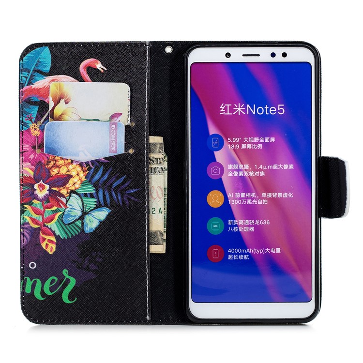 Patterned Wallet Magnetic Leather Protective Shell for Xiaomi Redmi Note 5 Pro (Dual Camera) / Redmi Note 5 (China) - Flamingo and Pineapple-10