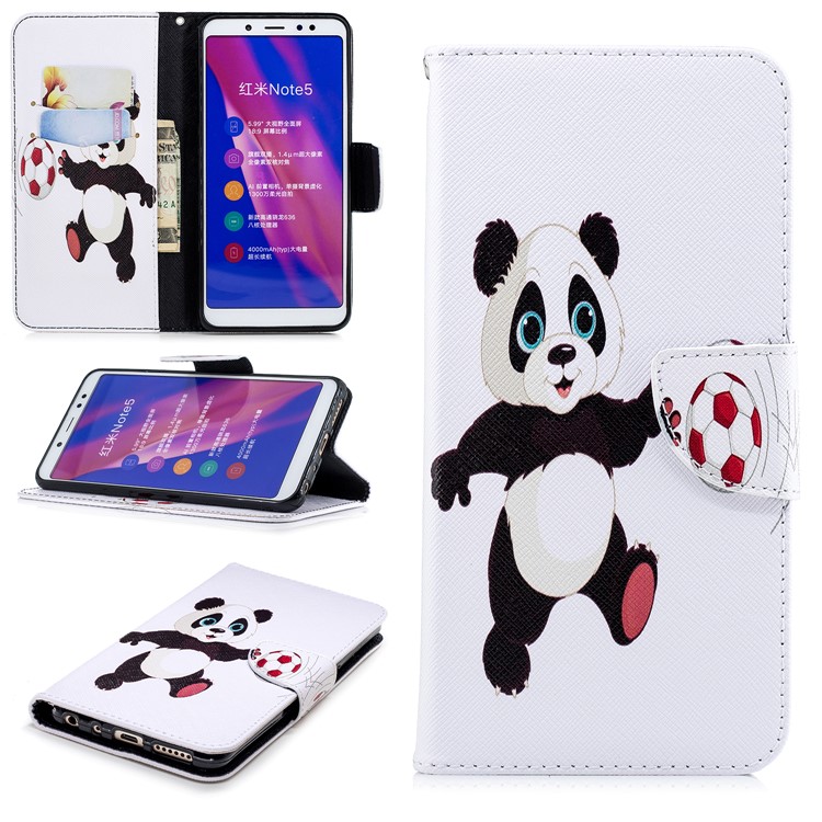 Patterned Wallet Stand Leather Mobile Cover for Xiaomi Redmi Note 5 Pro (Dual Camera) / Redmi Note 5 (China) - Panda Playing Football-1
