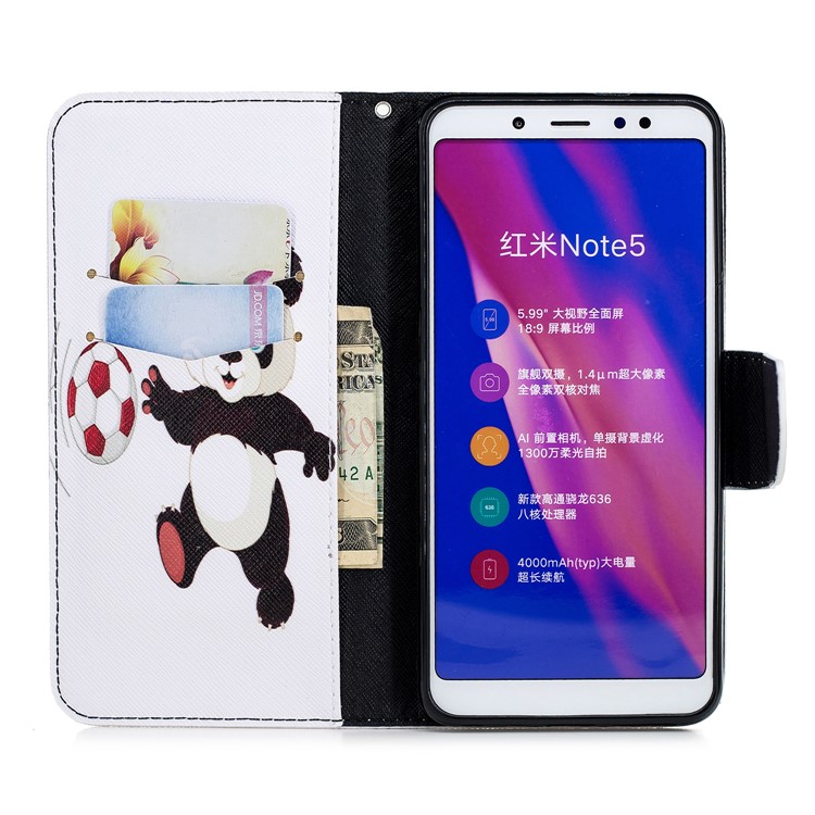 Patterned Wallet Stand Leather Mobile Cover for Xiaomi Redmi Note 5 Pro (Dual Camera) / Redmi Note 5 (China) - Panda Playing Football-10
