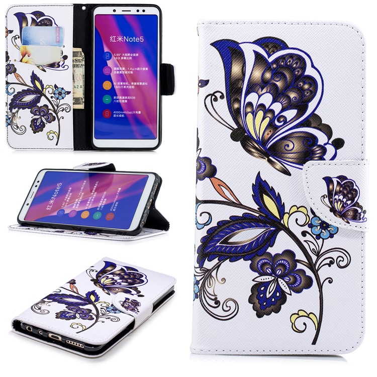 Patterned Wallet Stand Leather Mobile Phone Shell for Xiaomi Redmi Note 5 Pro (Dual Camera) / Redmi Note 5 (China) - Butterfly and Flower-1