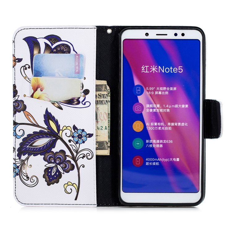 Patterned Wallet Stand Leather Mobile Phone Shell for Xiaomi Redmi Note 5 Pro (Dual Camera) / Redmi Note 5 (China) - Butterfly and Flower-10