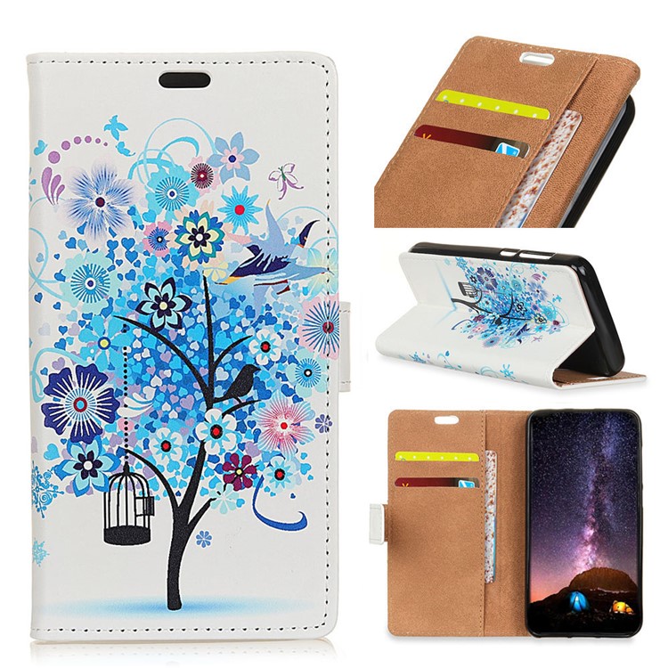 Pattern Printing Leather Stand Wallet Protective Casing for Xiaomi Redmi Note 6 Pro - Blue Tree-1