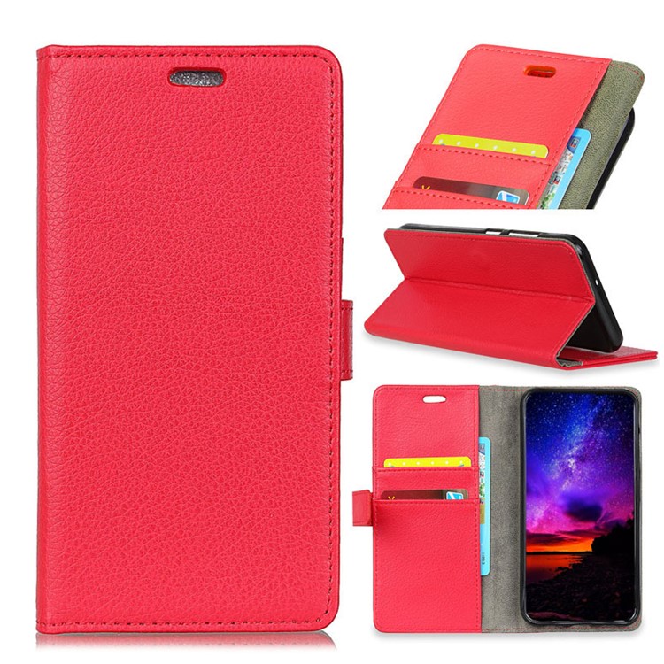 Litchi Skin Wallet Leather Stand Phone Case for Xiaomi Redmi Note 6 Pro - Red-1