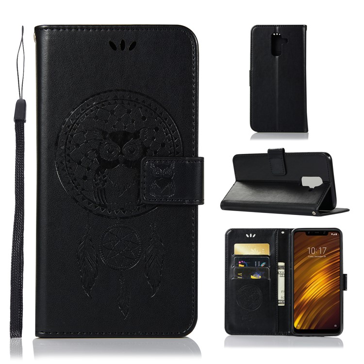 Imprint Owl Dream Catcher Wallet Stand Leather Case for Xiaomi Pocophone F1 / Poco F1 (India) - Black-1