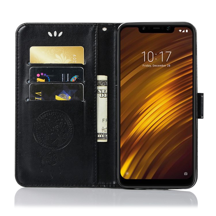 Imprint Owl Dream Catcher Wallet Stand Leather Case for Xiaomi Pocophone F1 / Poco F1 (India) - Black-3