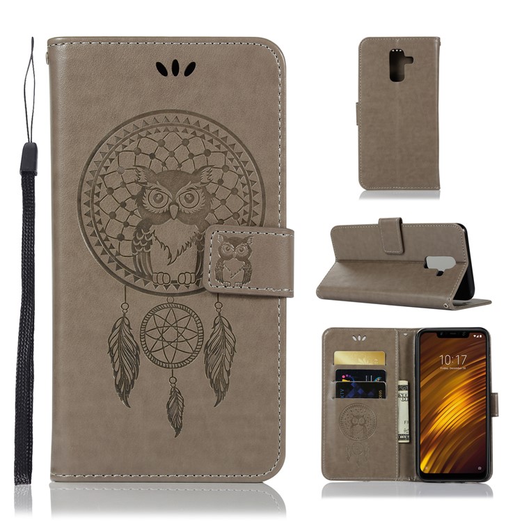 Imprint Owl Dream Catcher Wallet Stand Leather Cover for Xiaomi Pocophone F1 / Poco F1 (India) - Grey-1