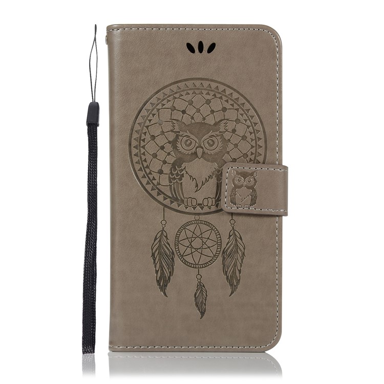 Imprint Owl Dream Catcher Wallet Stand Leather Cover for Xiaomi Pocophone F1 / Poco F1 (India) - Grey-2