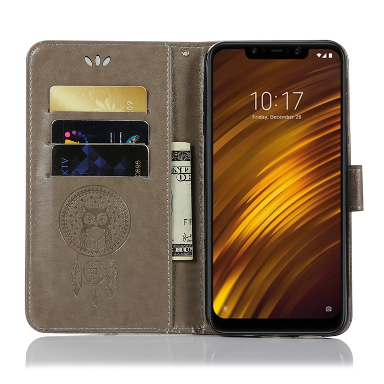 Imprint Owl Dream Catcher Wallet Stand Leather Cover for Xiaomi Pocophone F1 / Poco F1 (India) - Grey-3