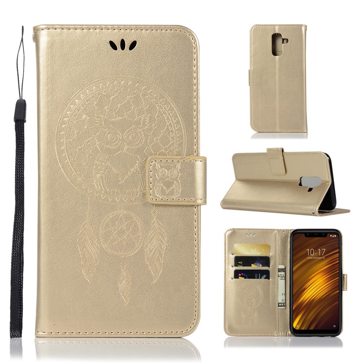 Impressum Eule Traumfänger PU Leder Geldbörse Handyhülle Für Xiaomi Pocophone F1 / Poco F1 (Indien) - Gold-1