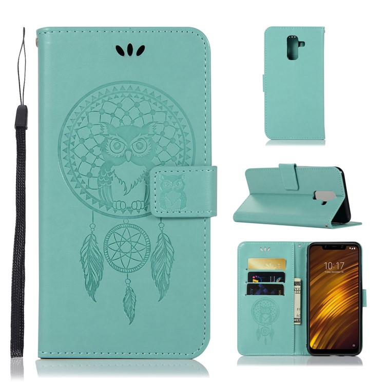Imprint Owl Dream Catcher Wallet Flip Leather Cover Shell for Xiaomi Pocophone F1 / Poco F1 (India) - Cyan-1