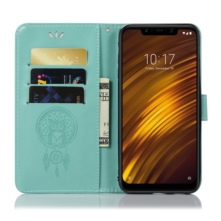 Imprint Owl Dream Catcher Wallet Flip Leather Cover Shell for Xiaomi Pocophone F1 / Poco F1 (India) - Cyan-3